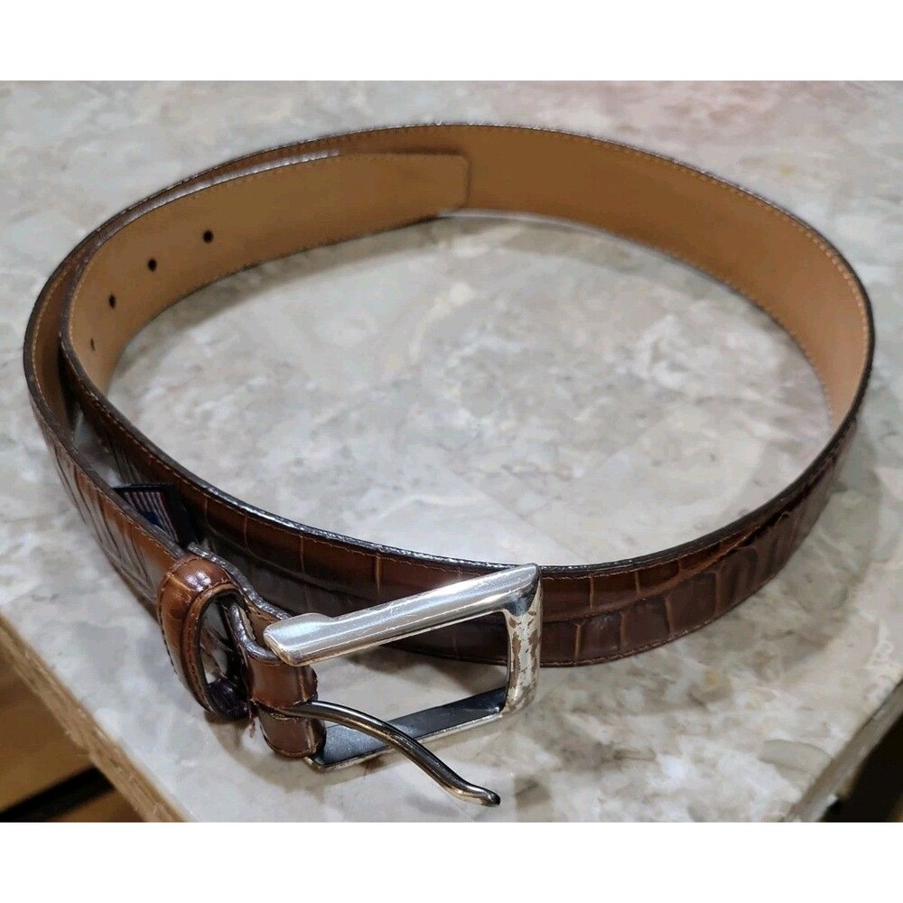 Brighton Mens Brown Croc Embossed Leather Belt Size 36 Made USA Italian Calfskin